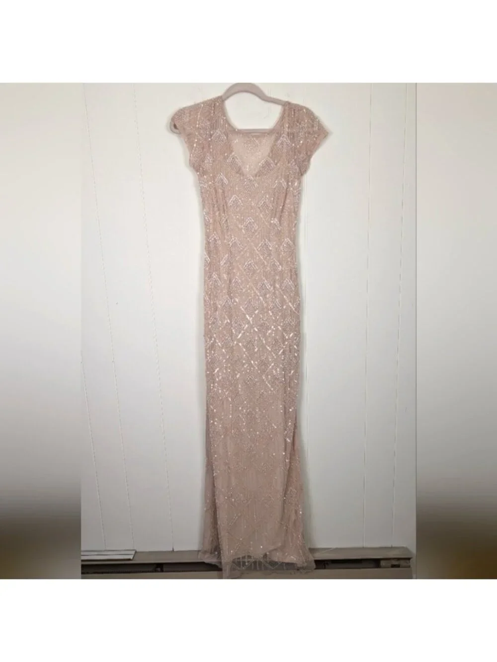 Aidan Mattox Cream Nude Beaded Illusion Gown